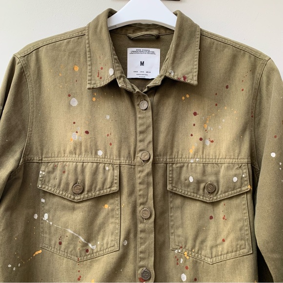 Zara khaki denim shacket chore shirt jacket paint splatter size medium - Picture 5 of 10